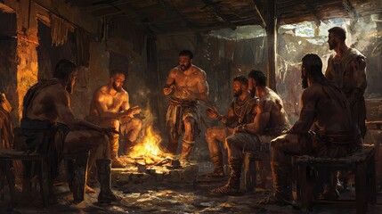 Fototapeta premium A group of men gather around a fire in a dimly lit room, sharing stories and camaraderie, creating a warm, inviting atmosphere.