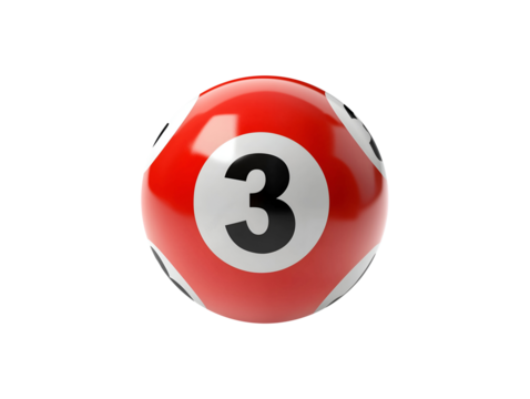 Red billiard ball with number 3 isolated on transparent or white background, png
