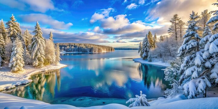 A tranquil winter scene unfolds in Michigan's Upper Peninsula, featuring snow-laden trees and serene frozen lakes, capturing the peaceful essence of the season.