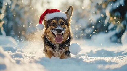 A joyful dog wearing a Santa hat playing in the snow, capturing the festive spirit of winter and holiday fun.