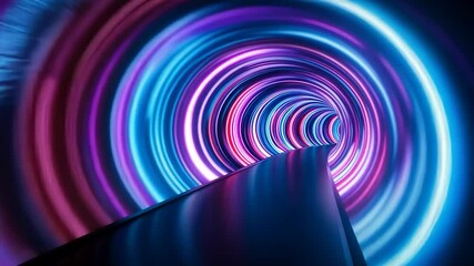 Light trails are surrounding a neon tunnel rotating. This background is perfect for projects related to technology, music, or entertainment