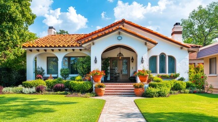 Obraz premium White Mediterranean-Style House with Red Tile Roof and Lush Landscaping