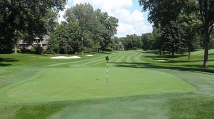 Peaceful golf course with manicured greens and clear skies.