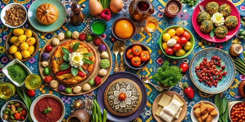 A vibrant Haft-Seen table showcases seven symbolic items for Persian New Year, incorporating decorative elements that embody health, prosperity, and the rejuvenation of spring.