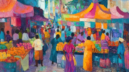 Fototapeta premium A colorful oil painting of a lively marketplace, with people interacting and goods displayed on stalls