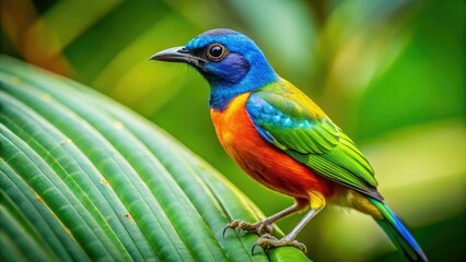 A vivid bird perches delicately on a vibrant leaf, enveloped by a serene natural landscape that captures the essence of tranquility and the beauty of wildlife.