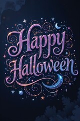 Whimsical Halloween Lettering with Moon and Stars on Dark Background