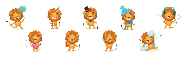 Cute Lion Character with Orange Mane and Tail Vector Set