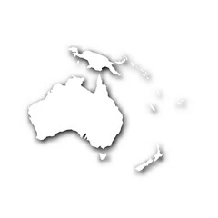 Silhouette map of Australia continent. White vector map with dropped shadow on light gray background.