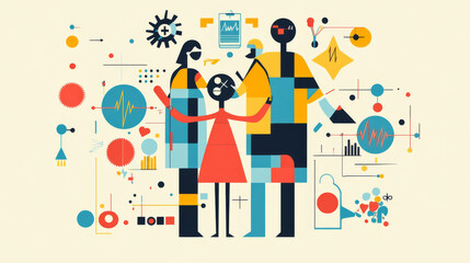 A happy family symbolizes World Health Day. The design uses geometric shapes and medical icons to represent healthcare technology, innovation, and medical advancements.