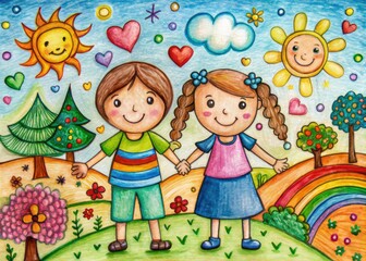 Heartwarming Drawing Representing the Concept of Friendship with Colorful Elements and Symbols