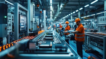 Obraz premium A modern factory setting with workers in safety gear, engaging in efficient manufacturing processes on a production line.