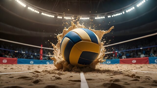 Dynamic shot of volleyball smashing into sand court under arena lights