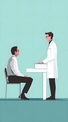 Obraz premium A young man is sitting on the examination table, talking to his doctor who stands next to him and reads documents in front of them