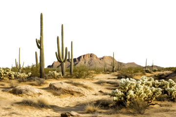 Desert landscape with cacti isolated on transparent or white background, png