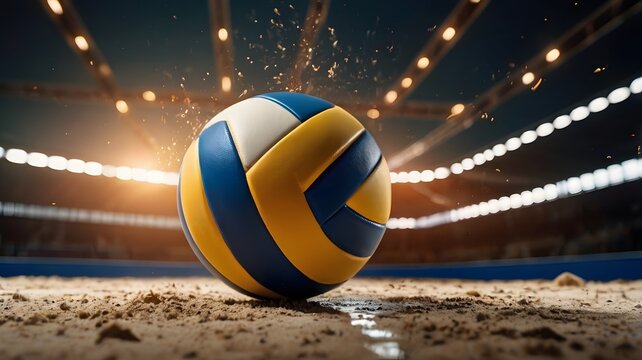 Volleyball on sandy court under stadium lights with flying sand particles - Powered by Adobe