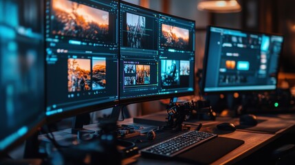 Naklejka premium A film editor's workstation, with multiple monitors showing different clips being cut and arranged