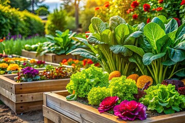 Beautifully arranged raised vegetable gardens in full bloom, featuring an abundance of fresh produce and lush greenery, showcasing nature's vibrant and delicious offerings.