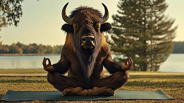 A bison with closed eyes is sitting in the lotus position on a yoga mat in a green field.