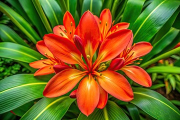 Fototapeta premium In a garden of lush greenery, a vibrant ginger lily flower unfolds, showcasing its brilliant colors amidst abundant leaves, creating a lively and picturesque scene.