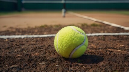 Close up of tennis ball on clay court with white boundary line and net background