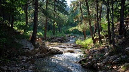 Obraz premium Serene Stream Flowing Through a Forest