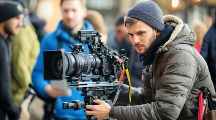 A cinematographer setting up a camera for a shoot. Professional camera operator on set