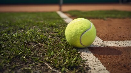 Close up of tennis ball resting on grass near boundary line of outdoor clay court