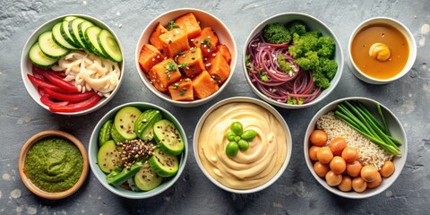 Overhead view of Asian Poke Bowl sauces including spicy mayo, eel sauce, and wasabi mayo with clipping path