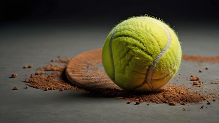 Worn tennis ball on clay dust with detailed texture and isolated dark background