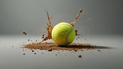 Tennis ball impact on clay with dramatic dust explosion in isolated background