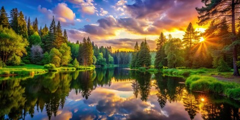 Obraz premium In a serene forest, a tranquil pond mirrors vibrant nature, bordered by lush green trees, inviting relaxation and harmony within the peaceful surroundings.