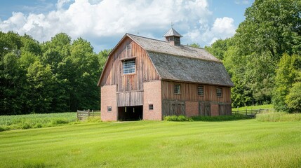 Obraz premium A picturesque barn surrounded by lush greenery and vibrant skies, representing rural charm and tranquility in nature.
