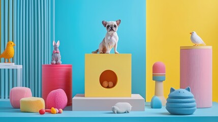 A playful scene featuring a small dog among colorful toys and decorations, perfect for pet and lifestyle imagery.