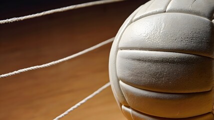 Close up of a volleyball net with leather ball in indoor sports court