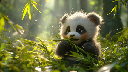 Fototapeta premium Adorable Panda Cub Eating Bamboo in a Lush Forest - 3D Animation with Adorable Sounds