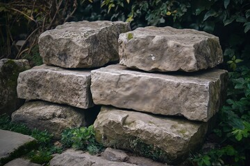 Rough, hand-chiseled stone blocks, weathered over time