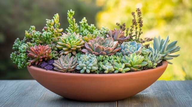 A terracotta pot filled with a variety of succulent plants