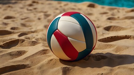 Red, white, and teal volleyball on sunny beach sand with ocean background