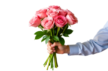 Male hand holding a bouquet of roses. Isolation on a transparent background.