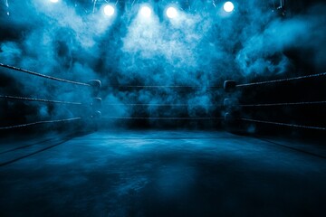boxing ring bathed in low key lighting features swirling smoke around its ropes with spotlights emphasizing the space creating excitement and anticipation for the upcoming match.