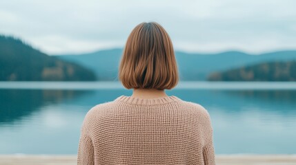 Fototapeta premium A serene meditation session by the lake, a woman in a yellow striped shirt sits cross-legged, focusing on mindfulness in nature.