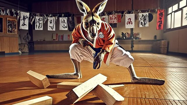 A kangaroo wearing a martial arts uniform in a dojo, looking determined.
