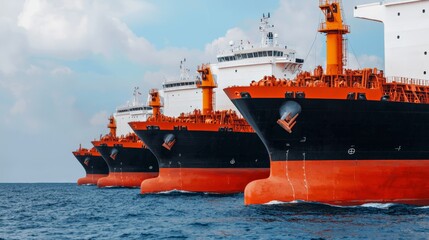 Fototapeta premium Three massive cargo ships in formation on the open ocean, showing maritime industry, transportation, and global trade.