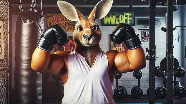 A kangaroo wearing boxing gloves stands ready in a boxing gym with a punching bag hanging in the background.