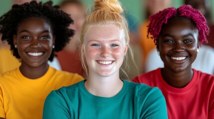 Portrait of a smiling, curly-haired woman with two blurred friends in the background, radiating positivity and joy.
