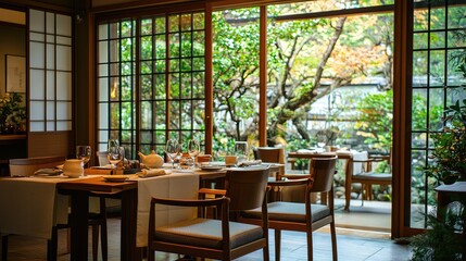 Fototapeta premium A serene dining room with large windows showcasing a lush garden, perfect for a tranquil dining experience.