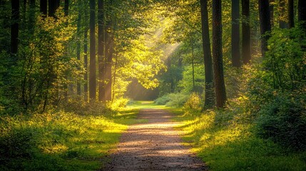 Obraz premium A serene forest pathway illuminated by sunlight, perfect for nature lovers seeking tranquility and inspiration.