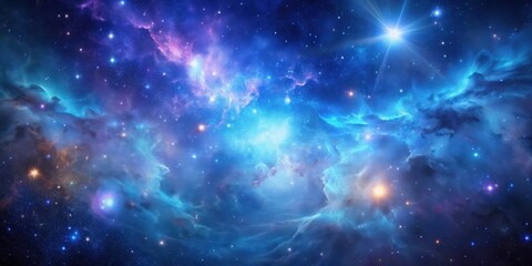 Fototapeta premium A vibrant cosmic landscape, painted in shades of blue and purple, with swirling nebulae and a constellation of twinkling stars, illuminating the vast expanse of the universe.