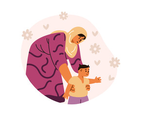 Vector illustration mother in a hijab, who teaches her little son to walk, maternal care